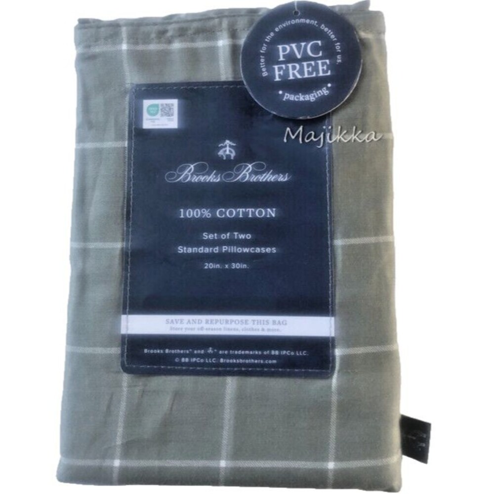 Brooks Brothers Pillowcases Standard 20x30 Gray White Windowpane Set of 2 Cotton